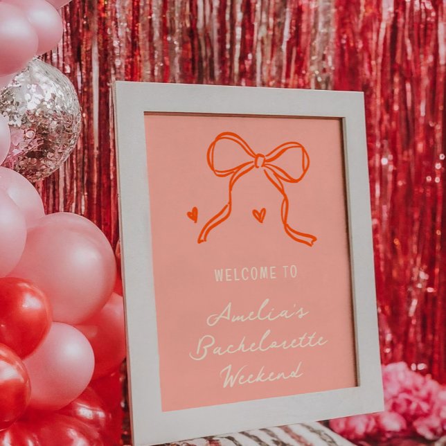 Póster Signo de bienvenida de fin de semana de bachillera (Pink and red bachelorette party welcome sign featuring hand-drawn sketch illustrations.)