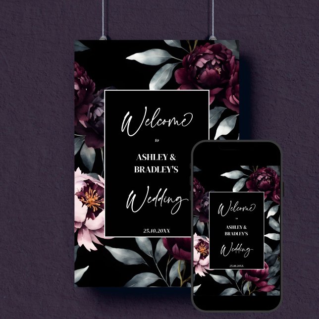 Póster Signo de bienvenida de flores borgoñosas morbosas  (Dark moody burgundy peony flowers editable template welcome sign digital download black noir wedding)