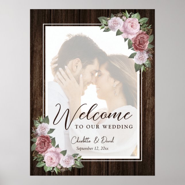 Póster Signo de bienvenida de foto de Boda rosa de Rubor  (Frente)