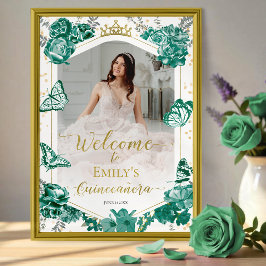 Póster Signo de bienvenida de foto de Quinceanera verde e