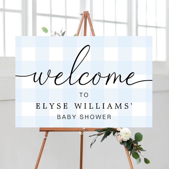 Póster Signo de bienvenida de Gingham azul (Welcome Sign Blue Gingham )