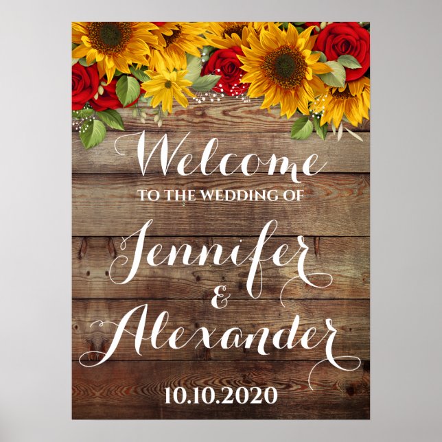 Póster Signo de bienvenida de girasol y Rosas Boda ruso (Frente)