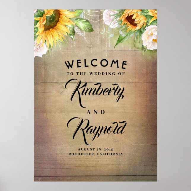 Póster Signo de bienvenida de girasoles y rosas blancas (Frente)