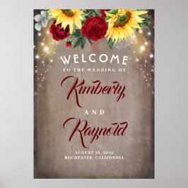 Póster Signo de bienvenida de girasoles y rosas rojas