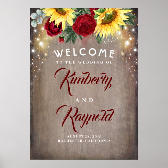 Póster Signo de bienvenida de girasoles y rosas rojas (Frente)