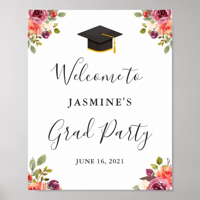 Póster Signo de bienvenida de graduación floral de Plum P (Frente)