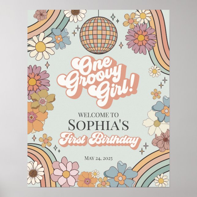 Póster Signo de bienvenida de Groovy Floral 1er cumpleaño (Frente)