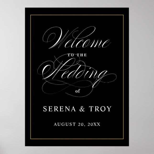Póster Signo de bienvenida de guión elegante Boda negro (Frente)