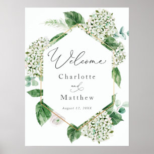 Póster Signo de bienvenida de Hydrangea y Greenery Boda