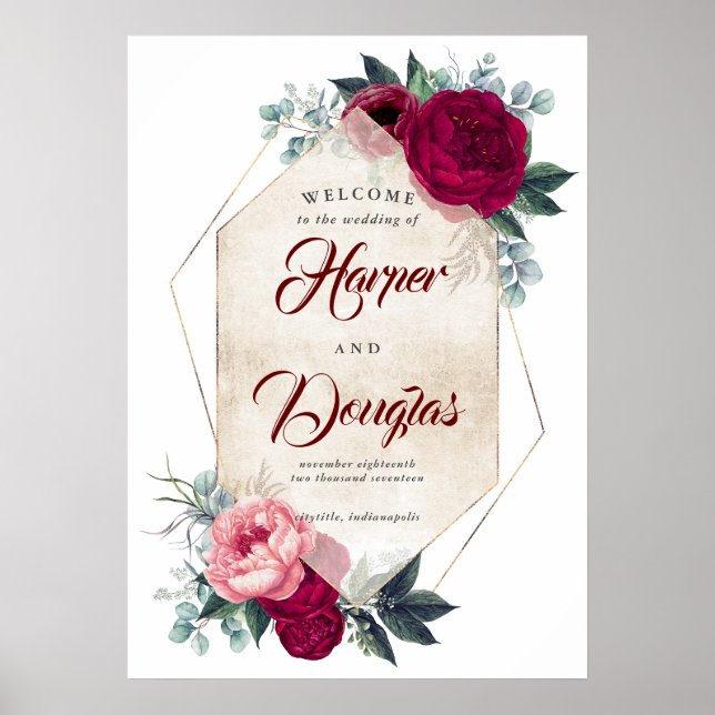 Póster Signo de bienvenida de la boda borgoñona floral ro (Frente)