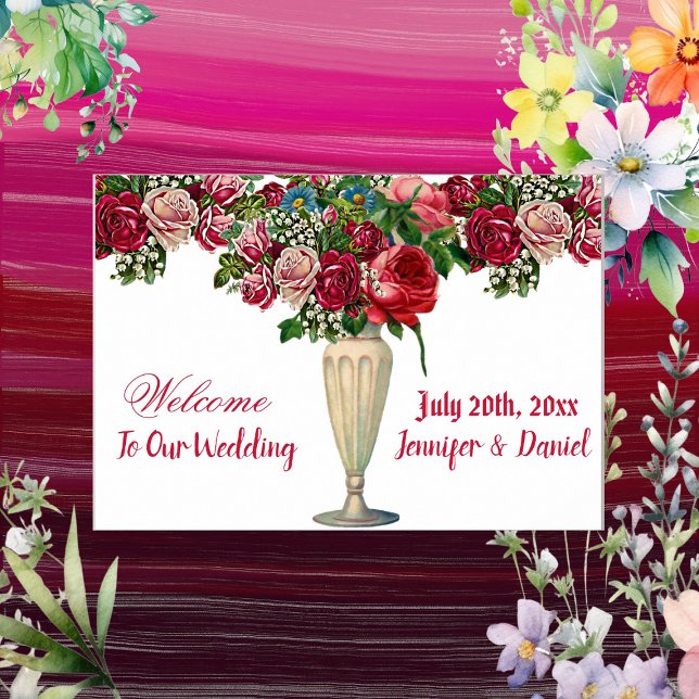 Póster Signo de bienvenida de la boda campestre de los Ro (Burgundy Rustic Roses Country Wedding Welcome Sign)