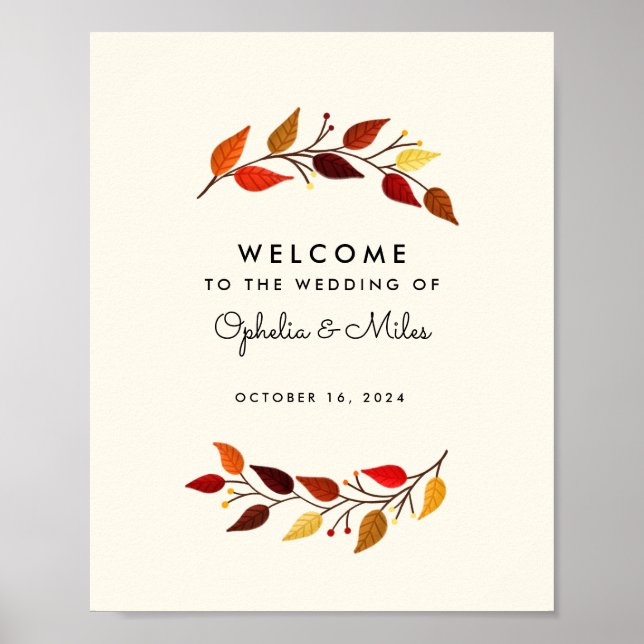 Póster Signo de bienvenida de la boda otoño en las ramas  (Frente)