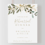Póster Signo de bienvenida de la cena del ensayo de otoño<br><div class="desc">Este cartel de bienvenida con un toque de color dorado y verde para la cena es perfecto para un ensayo boda moderno. El diseño presenta un bonito paisaje artístico verde y dorado.</div>