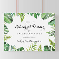 Signo de bienvenida de la cena del ensayo tropical