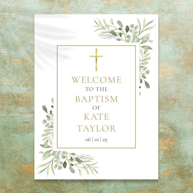 Póster Signo de bienvenida de la cristiandad del bautismo (Greenery Baptism Christening Welcome Sign)