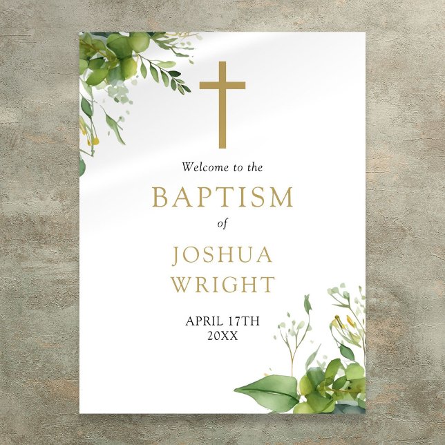 Póster Signo de bienvenida de la cristiandad del bautismo (Greenery Baptism Christening Welcome Sign)