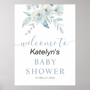 Póster signo de bienvenida de la ducha con flores azul po