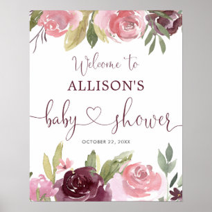 Póster Signo de bienvenida de la ducha de bebé con flores