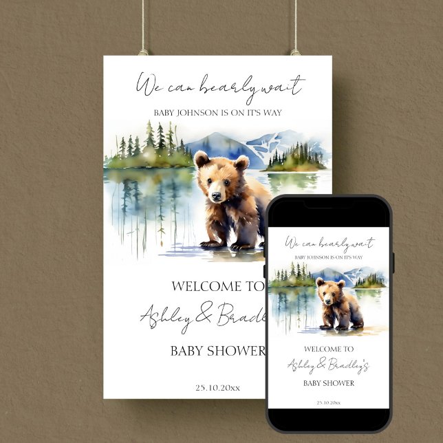 Póster Signo de bienvenida de la ducha de bebé de Bear Wa (Bearly wait adventure awaits national parks themed baby shower welcome sign template download)
