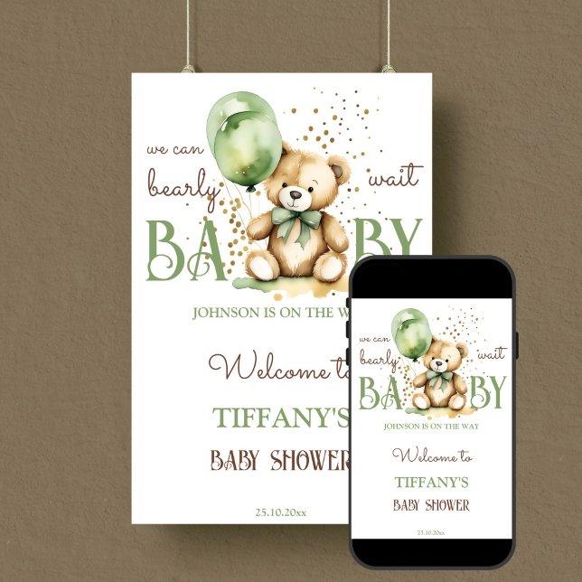 Póster Signo de bienvenida de la ducha de bebé verde de c (Bearly wait sage green teddy bear baby shower welcome sign editable template poster digital download)
