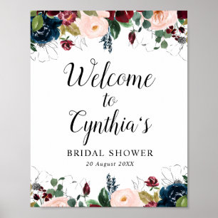 Póster signo de bienvenida de la ducha de novia con flore
