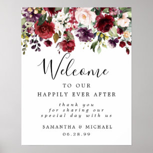 Póster Signo de bienvenida de la elegante boda floral roj