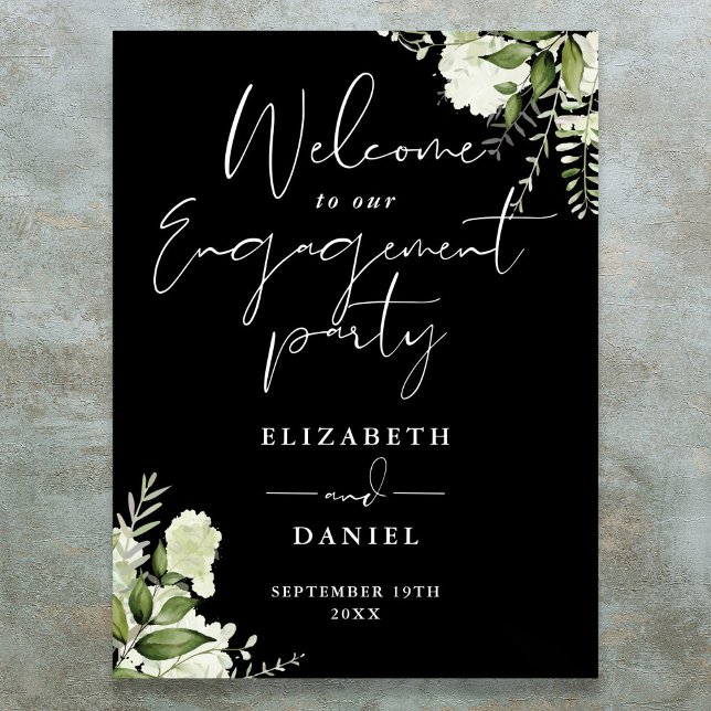 Póster Signo de bienvenida de la fiesta de compromiso bla (Floral Black White Engagement Party Welcome Sign)