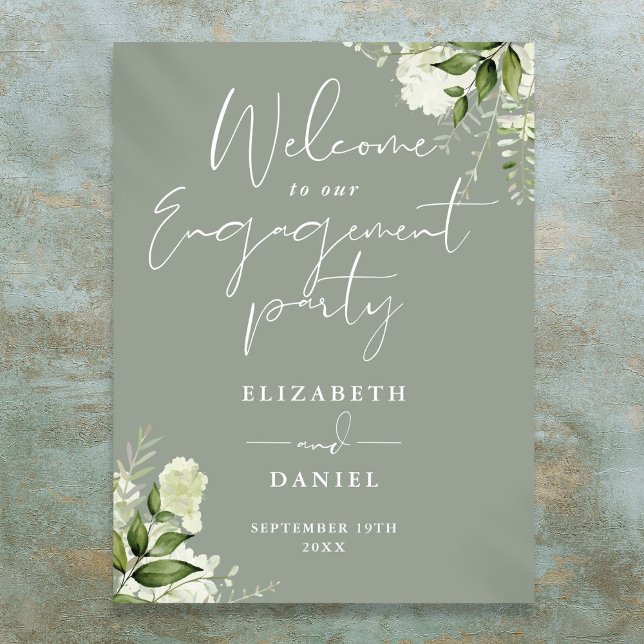 Póster Signo de bienvenida de la fiesta de compromiso ver (Floral Sage Green Engagement Party Welcome Sign)