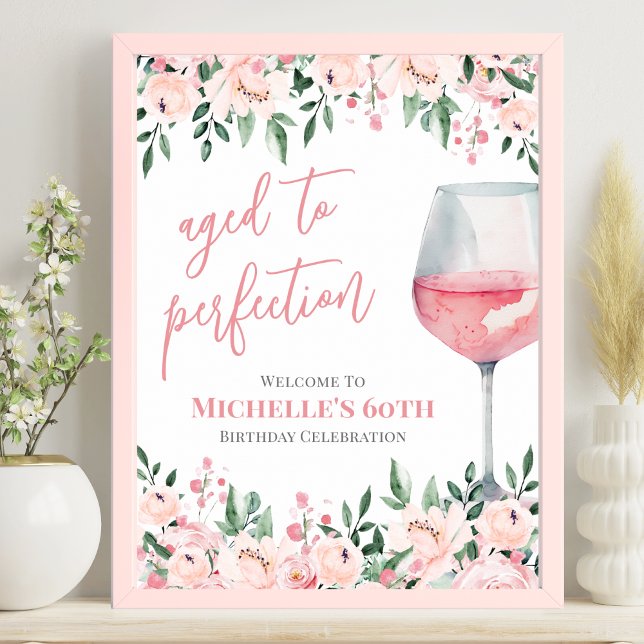 Póster Signo de bienvenida de la fiesta de cumpleaños de  (Wine Floral Birthday Party Welcome Sign )