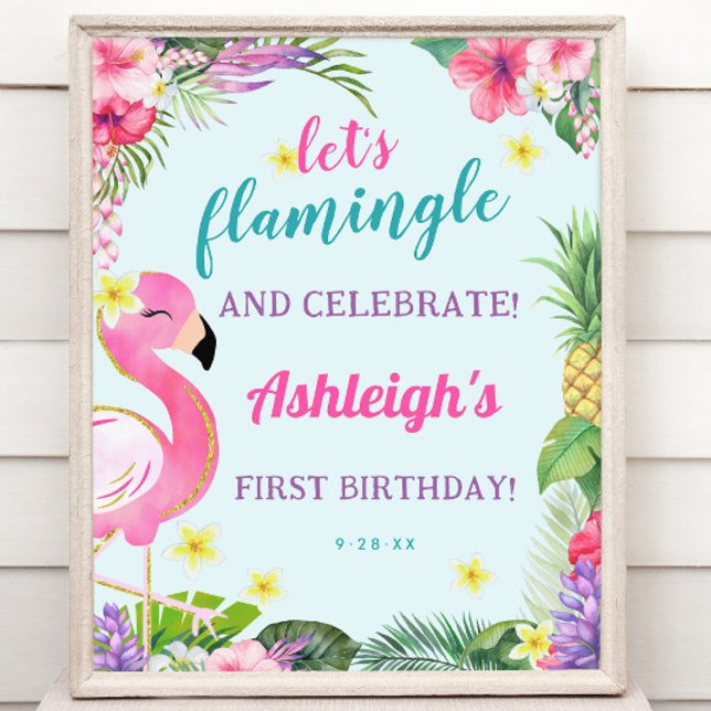 Póster Signo de bienvenida de la fiesta de cumpleaños de  (Summer Flamingo Birthday Party Welcome Sign)