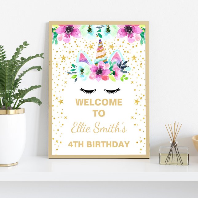 Póster Signo de bienvenida de la fiesta de cumpleaños de  (Pink Unicorn Birthday Welcome Signs)