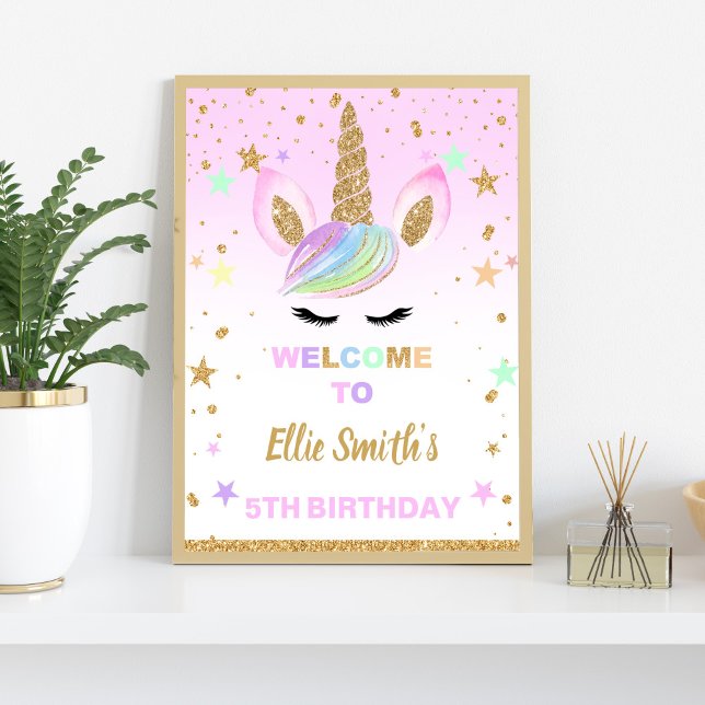 Póster Signo de bienvenida de la fiesta de cumpleaños de  (Pink Glitter Welcome Sing Unicorn Poster)