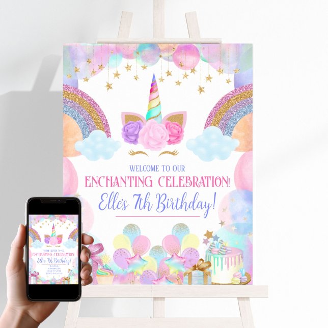 Póster Signo de bienvenida de la fiesta de cumpleaños de  (Rainbows and Unicorns Birthday Party Welcome Sign)