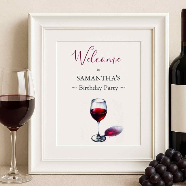 Póster Signo de bienvenida de la fiesta de cumpleaños del (Wine theme birthday party decor features a welcome sign.)