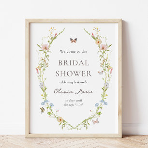 Póster Signo de bienvenida de la mariposa de flores silve