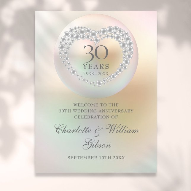 Póster Signo de bienvenida de la Perla en el 30° aniversa (30th Wedding Anniversary Pearl Welcome Sign)