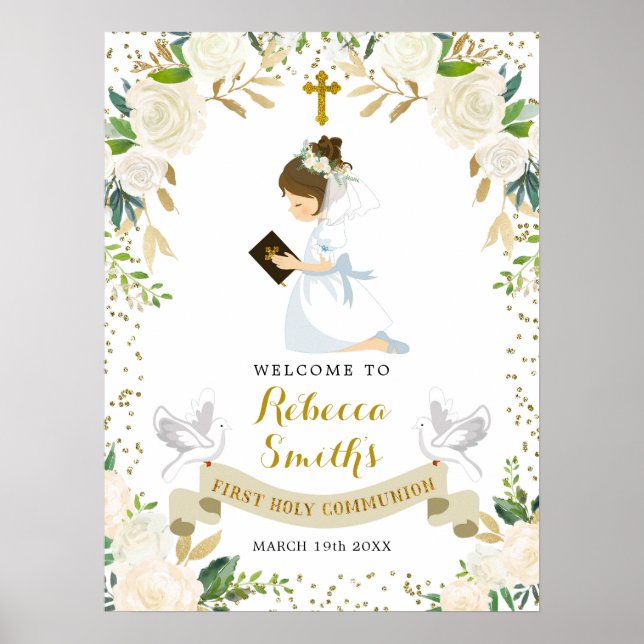 Póster Signo de bienvenida de la primera comunión blanca (Frente)