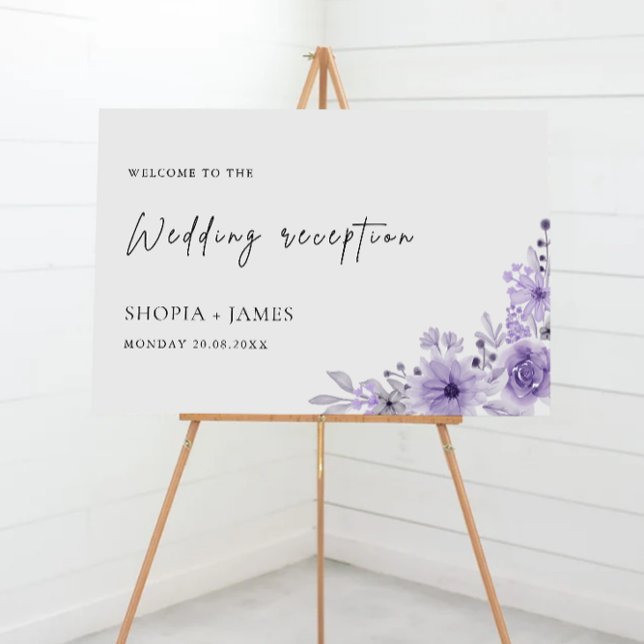 Póster Signo de bienvenida de la recepción de la boda púr (Purple Wedding Reception Welcome Sign)