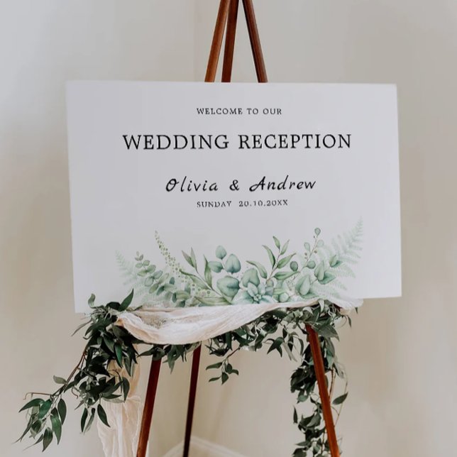Póster Signo de bienvenida de la recepción de la boda ver (Greenery Wedding Reception Welcome Sign)