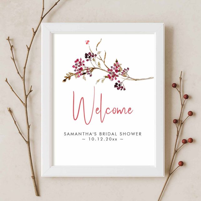 Póster Signo de bienvenida de los temas de ducha de novia (rustic bridal shower sign with watercolor berries and twigs for fall and winter themes)