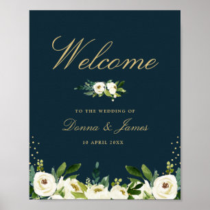 Póster signo de bienvenida de marfil blanco boda floral