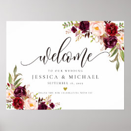 Póster Signo de bienvenida de Marsala Burgundy Boda Flora