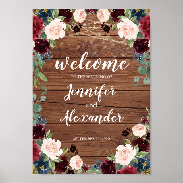 Póster Signo de bienvenida de Marsala Burgundy Wood Flora (Frente)