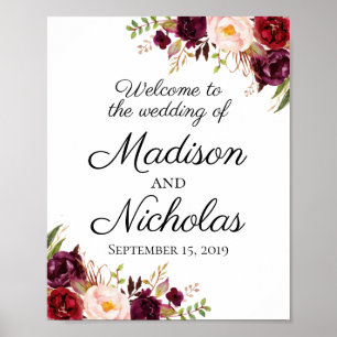 Póster Signo de bienvenida de Marsala y Boda floral rosa