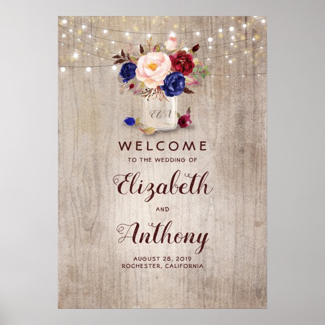 Póster Signo de bienvenida de Mason Jar Floral Rustic Bod (Frente)