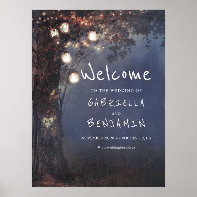 Póster Signo de bienvenida de Mason Jar Lights Tree Boda (Frente)