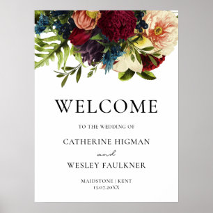 Póster Signo de bienvenida de Moody Floral Burgundy Boda