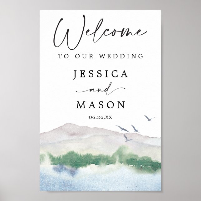 Póster Signo de bienvenida de Mountain Lake Boda (Frente)
