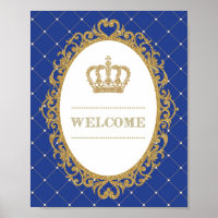 Signo de bienvenida de oro y real bebé azul Prínci