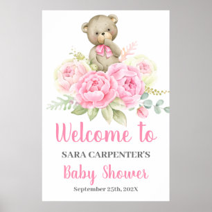 Póster Signo de bienvenida de oso rosa del Chica Baby Sho